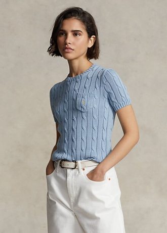 AZURE Ralph Lauren Damen-Kurzarmpullover aus Baumwolle mit Zopfmuster