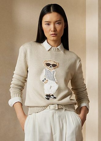 Beige Ralph Lauren Cable Bear Seidenpullover für Damen