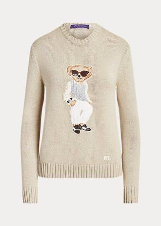 Beige Ralph Lauren Cable Bear Seidenpullover für Damen