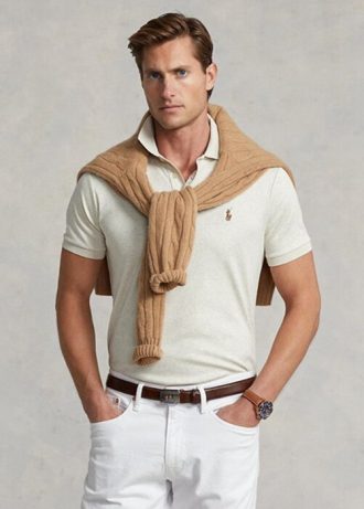 Beige Ralph Lauren Custom Slim Fit Poloshirts aus weicher Baumwolle für Herren