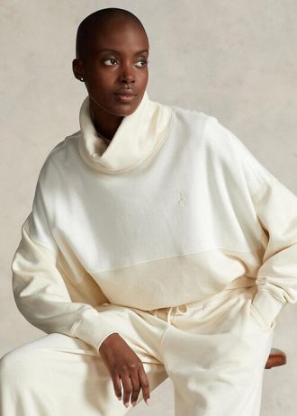 Beige Ralph Lauren Damen-Sweatshirts mit Trichterhalsausschnitt und Einsätzen aus Fleece