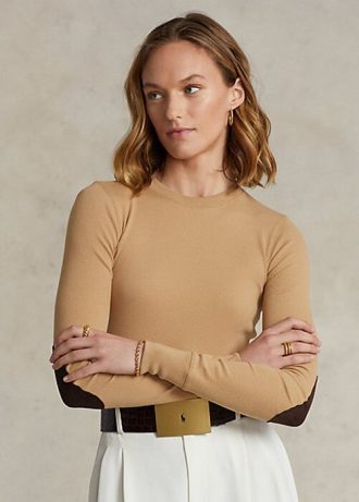 Beige Ralph Lauren Damen T-Shirts mit geripptem Wildlederbesatz und langen Ärmeln