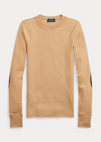 Beige Ralph Lauren Damen T-Shirts mit geripptem Wildlederbesatz und langen Ärmeln