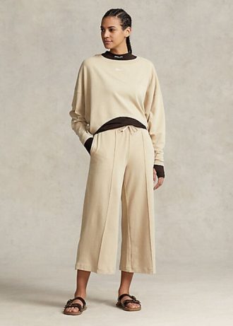 Beige Ralph Lauren – Kurze Fleecehose mit weitem Bein für Damen