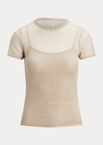 Beige Ralph Lauren Mesh-Kurzarmpullover für Damen