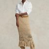 Beige Ralph Lauren Pointelle-Strickröcke mit Makramee-Fransen für Damen Beige Ralph Lauren Pointelle-Strickröcke mit Makramee-Fransen für Damen