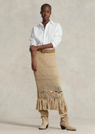 Beige Ralph Lauren Pointelle-Strickröcke mit Makramee-Fransen für Damen