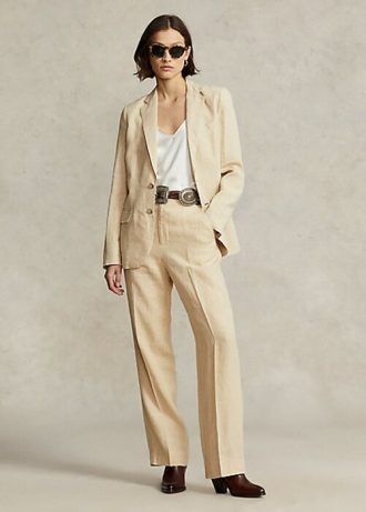 Beige Ralph Lauren – Kurze Leinenhose mit geradem Bein für Damen