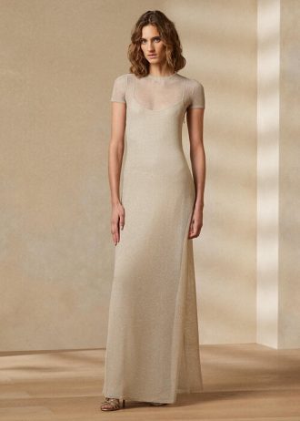 Beiges, kurzärmliges Abendkleid aus Netzstoff von Ralph Lauren für Damen