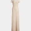 Beiges, kurzärmliges Abendkleid aus Netzstoff von Ralph Lauren für Damen Beiges, kurzärmliges Abendkleid aus Netzstoff von Ralph Lauren für Damen