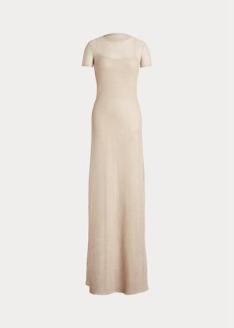 Beiges, kurzärmliges Abendkleid aus Netzstoff von Ralph Lauren für Damen