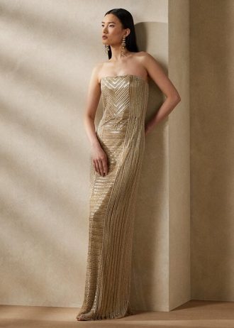 Beiges, verziertes Abendkleid Collingwood von Ralph Lauren für Damen