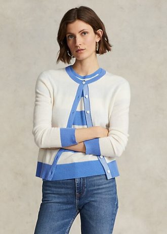 Blau / Cremefarbene Ralph Lauren Crest Cashmere Cardigan Pullover für Damen