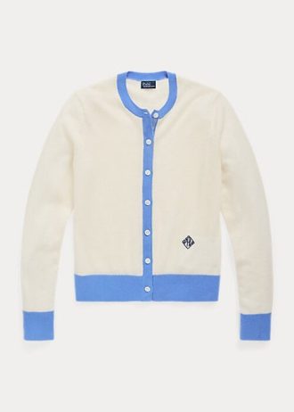 Blau / Cremefarbene Ralph Lauren Crest Cashmere Cardigan Pullover für Damen
