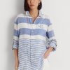 Blau / Weiß Damen Ralph Lauren Gestreifte Oversize Leinenhemden