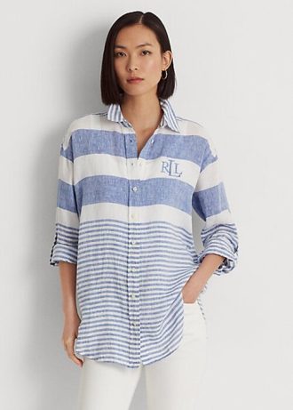 Blau / Weiß Damen Ralph Lauren Gestreifte Oversize Leinenhemden