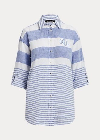 Blau / Weiß Damen Ralph Lauren Gestreifte Oversize Leinenhemden