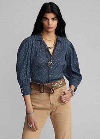 Blaue Blusenhemden aus Baumwollvoile mit Blumenmuster von Ralph Lauren für Damen