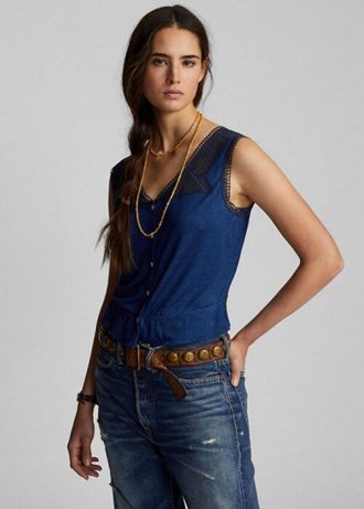 Blaue Camisole-Oberteile mit Häkelbesatz für Damen von Ralph Lauren Indigo