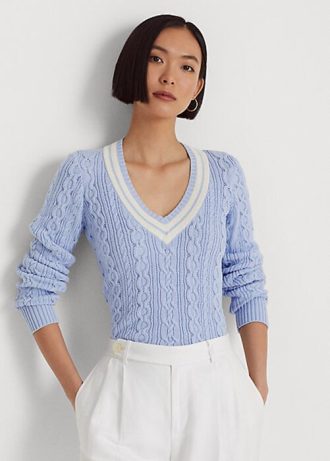 Blaue Cricket-Pullover mit Zopfmuster für Damen von Ralph Lauren