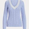 Blaue Cricket-Pullover mit Zopfmuster für Damen von Ralph Lauren Blaue Cricket-Pullover mit Zopfmuster für Damen von Ralph Lauren