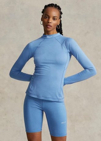 Blaue Damen Ralph Lauren Logo Jersey Langarm Mockneck T Shirts
