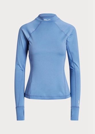 Blaue Damen Ralph Lauren Logo Jersey Langarm Mockneck T Shirts