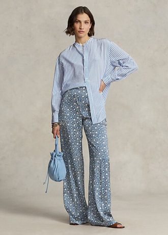 Blaue Damenhose aus Satin mit weitem Bein und Sternenmotiv von Ralph Lauren