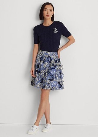 Blaue Georgette-Röcke mit floralem Rüschenbesatz von Ralph Lauren für Damen