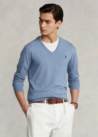 Blaue Herrenpullover aus strukturierter Baumwolle von Ralph Lauren in Slim Fit