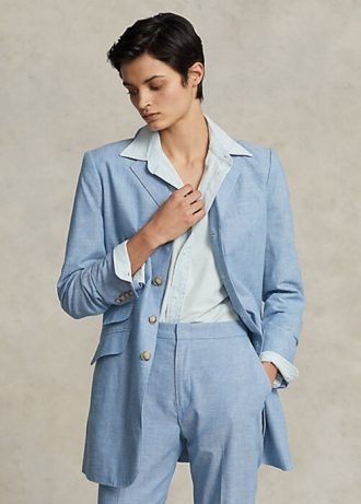 Blaue lange Blazer aus Chambray-Baumwolle für Damen von Ralph Lauren