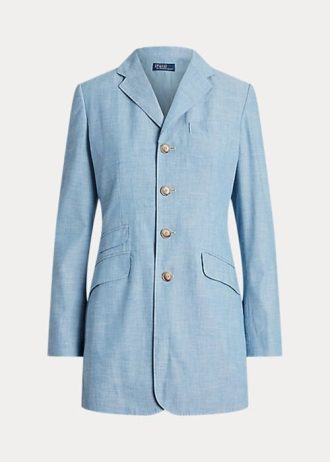 Blaue lange Blazer aus Chambray-Baumwolle für Damen von Ralph Lauren