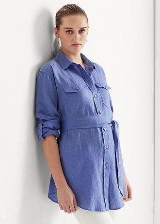 Blaue Leinenhemden mit Gürtel für Damen von Ralph Lauren