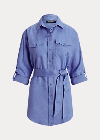 Blaue Leinenhemden mit Gürtel für Damen von Ralph Lauren
