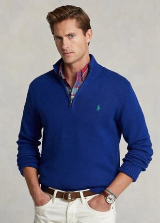 Blaue Ralph Lauren Baumwollpullover mit Viertelreißverschluss für Herren