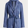 Blaue Ralph Lauren Blazer aus Leinen-Baumwolle mit Streifen und Gürtel für Damen Blaue Ralph Lauren Blazer aus Leinen-Baumwolle mit Streifen und Gürtel für Damen