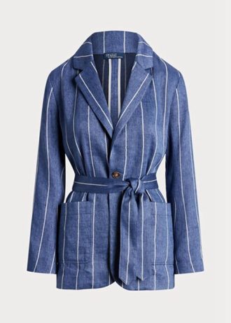 Blaue Ralph Lauren Blazer aus Leinen-Baumwolle mit Streifen und Gürtel für Damen