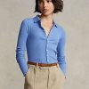 Blaue Ralph Lauren Cropped Ribbed Poloshirts mit Knopfleiste für Damen Blaue Ralph Lauren Cropped Ribbed Poloshirts mit Knopfleiste für Damen