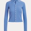 Blaue Ralph Lauren Cropped Ribbed Poloshirts mit Knopfleiste für Damen Blaue Ralph Lauren Cropped Ribbed Poloshirts mit Knopfleiste für Damen
