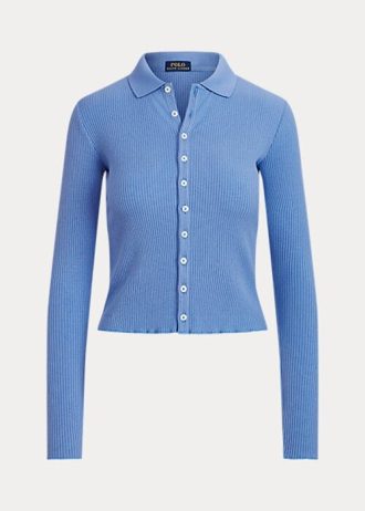 Blaue Ralph Lauren Cropped Ribbed Poloshirts mit Knopfleiste für Damen