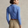 Blaue Ralph Lauren Cropped Ribbed Poloshirts mit Knopfleiste für Damen Blaue Ralph Lauren Cropped Ribbed Poloshirts mit Knopfleiste für Damen