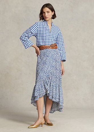 Blaue Ralph Lauren Crêpe-Röcke mit Blumenmuster und Rüschen für Damen