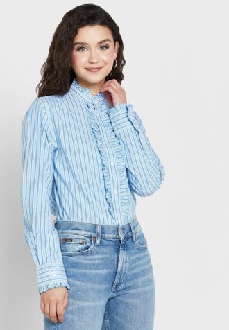 Blaue Ralph Lauren Damenhemden mit gestreiftem Rüschendetail