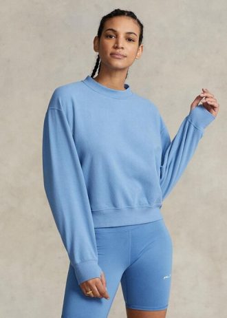 Blaue Ralph Lauren Fleece-Sweatshirts mit Rundhalsausschnitt für Damen