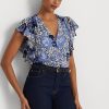 Blaue Ralph Lauren Georgette-Hemden mit Blumenmuster für Damen