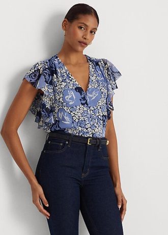 Blaue Ralph Lauren Georgette-Hemden mit Blumenmuster für Damen