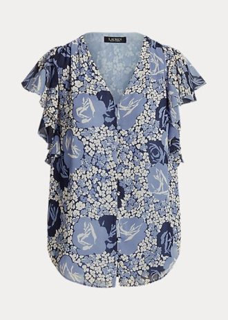 Blaue Ralph Lauren Georgette-Hemden mit Blumenmuster für Damen