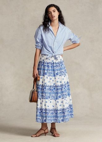 Blaue Ralph Lauren Gestufte Baumwollröcke mit Blumenstreifen für Damen