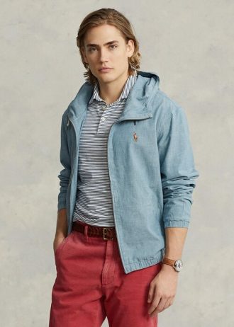 Blaue Ralph Lauren Indigo Chambray-Kapuzenjacken für Herren