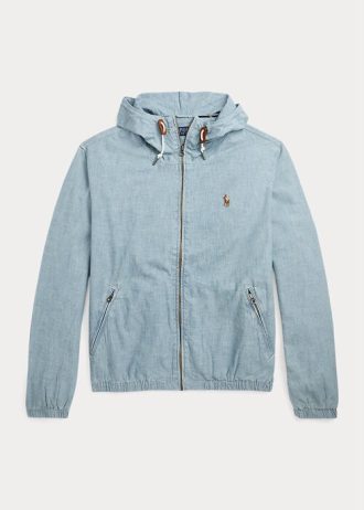 Blaue Ralph Lauren Indigo Chambray-Kapuzenjacken für Herren
